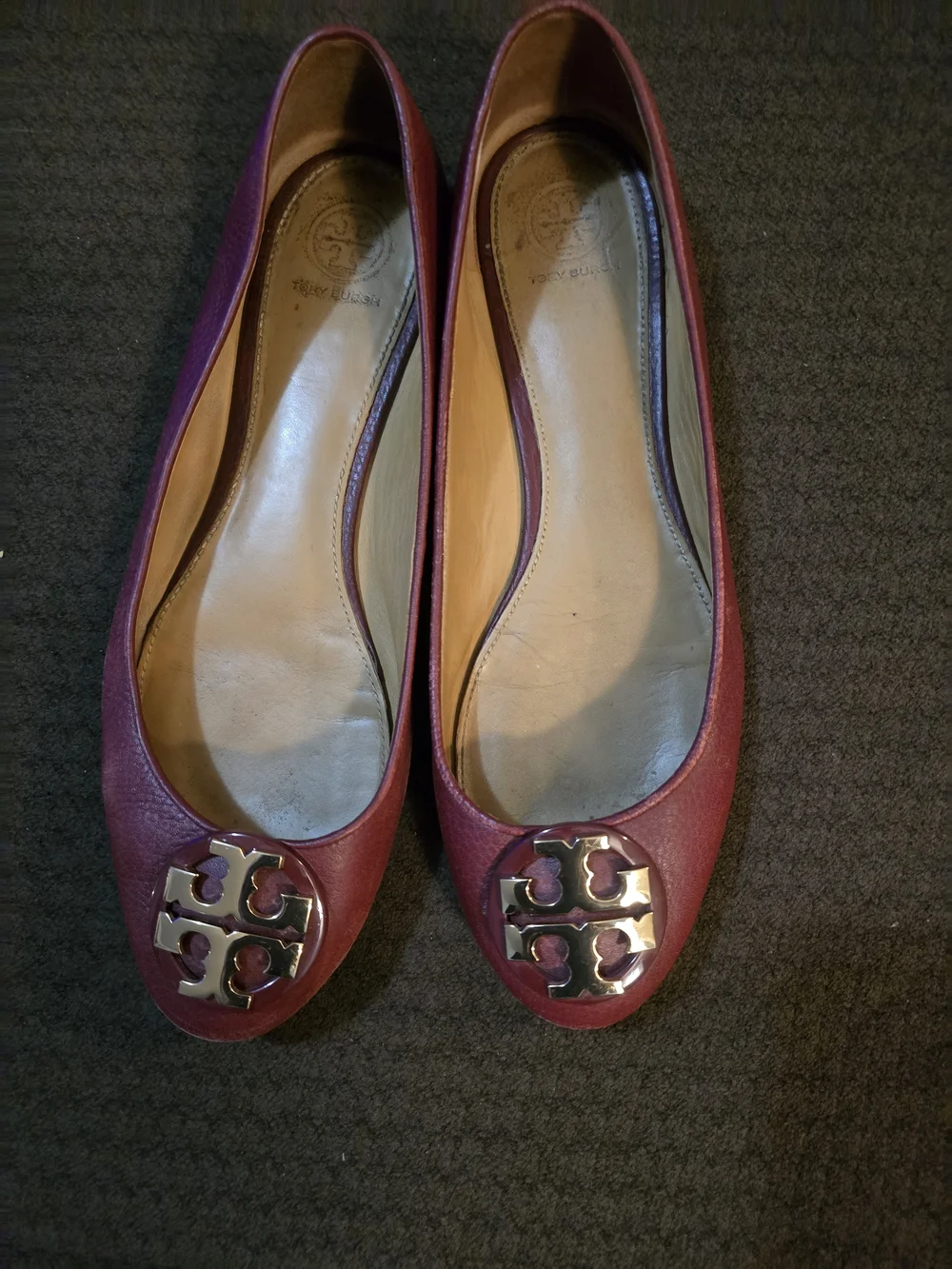 Women's Burgundy Leather Ballet Flats with Logo Medallion